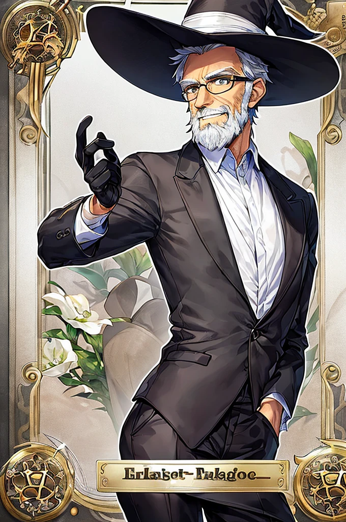 masterpiece, best quality, older man, skinny, very skinny, very short hair, gray hair, unshaven beard, circular glasses, black hat, black gloves, white shirt, beige jacket on top, friendly smile, poker card in his hand , look ahead. poker card, malicious look