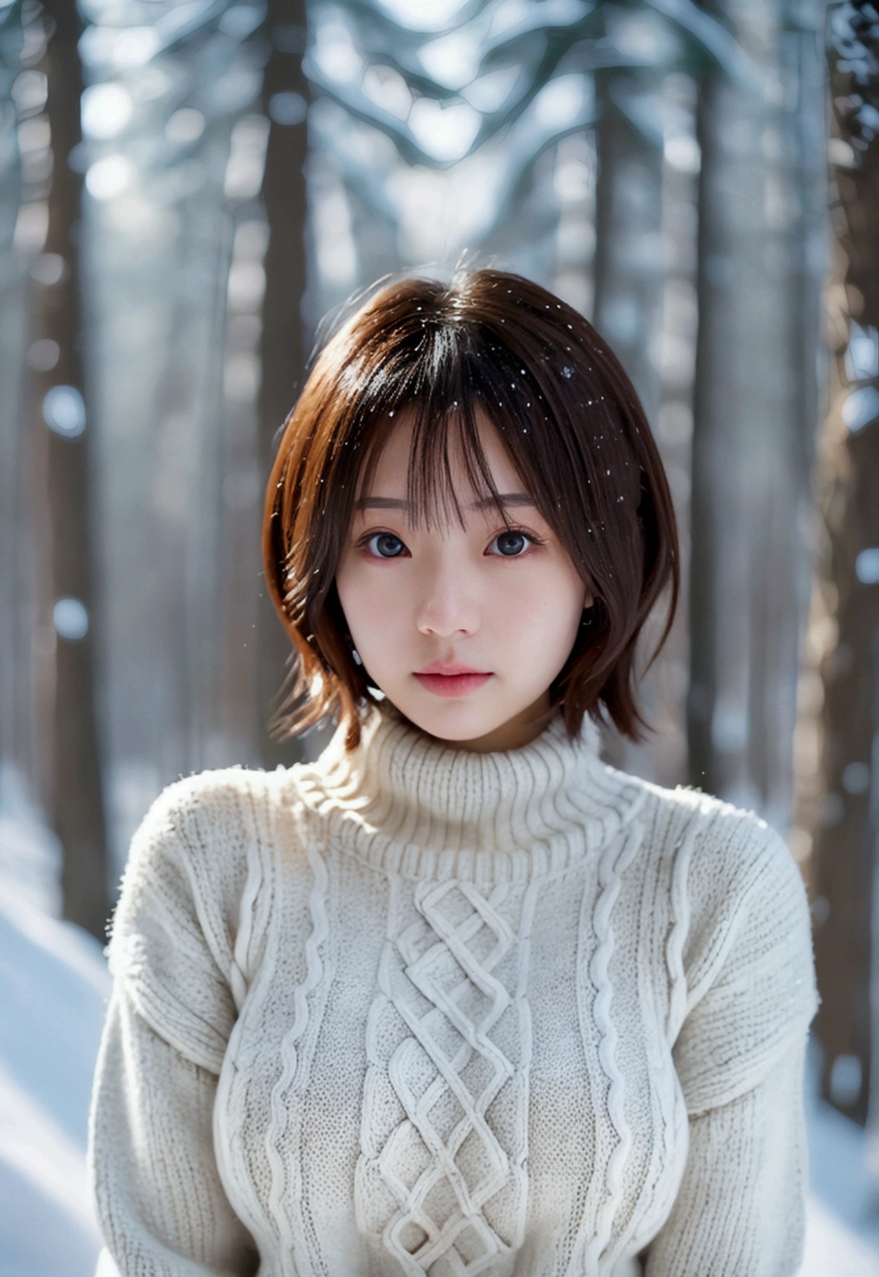 in the snowy forest, japanese girl, winter knit sweater, Yuki, pupils shine, brown short hair, big breasts, realistic portrait, depth of field, f/1.8, anatomically correct, rough skin, Super detailed, advanced details, high quality, Super detailed, advanced details, high quality, best high quality, High resolution
