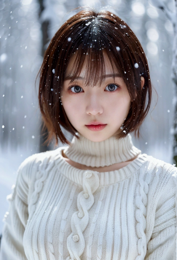 in the snowy forest, japanese girl, winter knit sweater, Yuki, pupils shine, brown short hair, big breasts, realistic portrait, depth of field, f/1.8, anatomically correct, rough skin, Super detailed, advanced details, high quality, Super detailed, advanced details, high quality, best high quality, High resolution