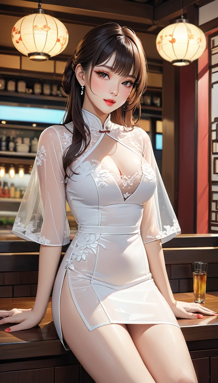 (masterpiece,Highest quality,Ultra-high resolution),One female,A Japanese woman works at a Chinese restaurant,(((Beautiful Face,Detailed face,Beautiful Eyes,Beautiful Nose,Pretty lips))),(((Beautiful Skin))),(Shiny skin),Wearing a see-through white Chinese dress,High heels,Beautiful legs,Functional,(((hands))),(front:1.5),((Cowboy Shot:1.5)),((hands))
