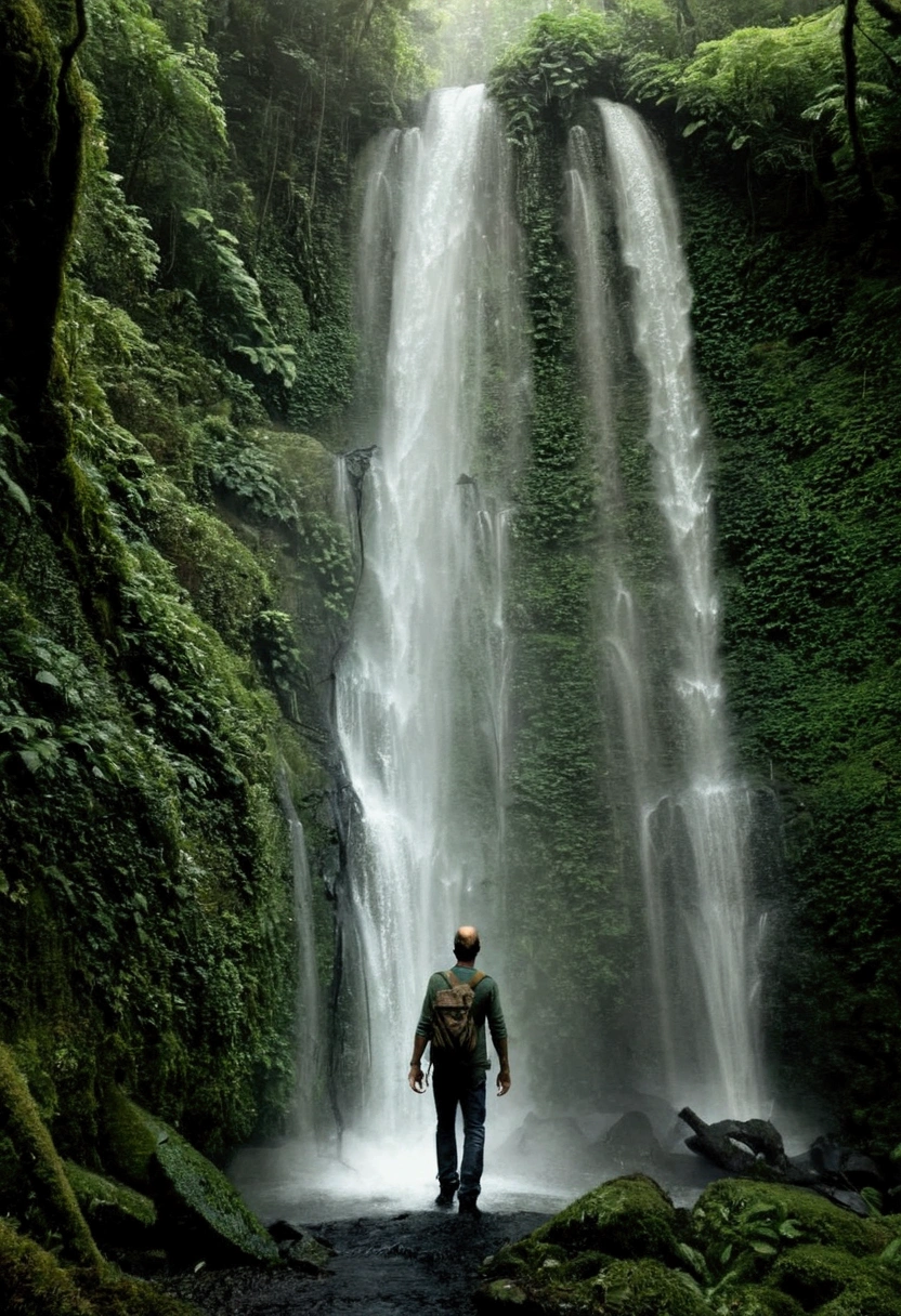 A man walking in front of a waterfall in the forest