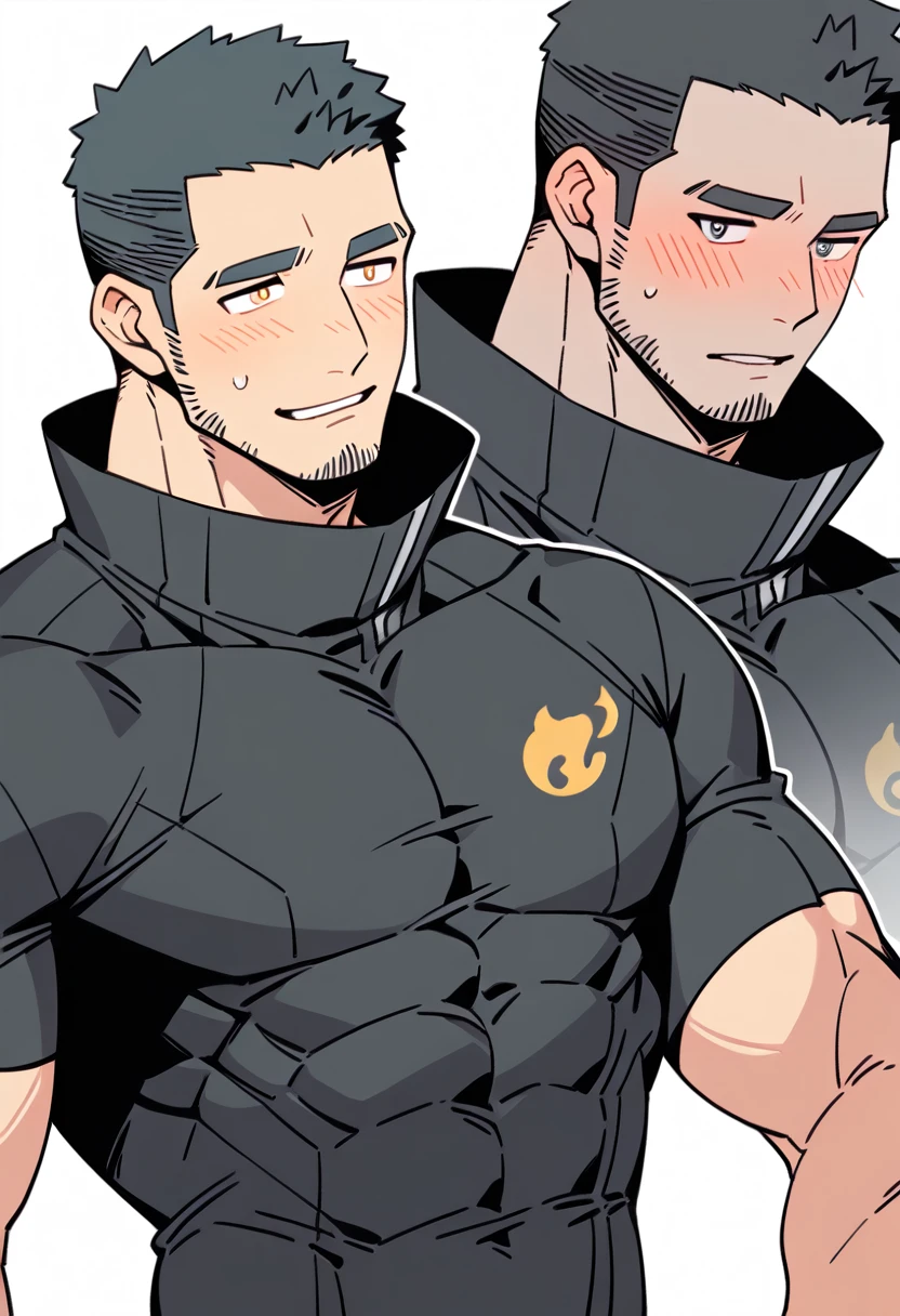 anime characters:Gyee Priapus, Muscle Sports Student, Buzz Cut, Manliness, male focus, Compression bodysuit, Yellow and black striped high collar long sleeve tight T-shirt, Very tight, Regular symmetrical pattern, full and perky chest muscles, muscular male, muscular, only, Upper body, alone, Red short hair, Thick eyebrows, stubble, Brown-red pupils, White background, simple background, amazing quality, best aesthetics, Ridiculous, crew cut, parted lips, flustered, endured face, shy, blush, negative space, best quality