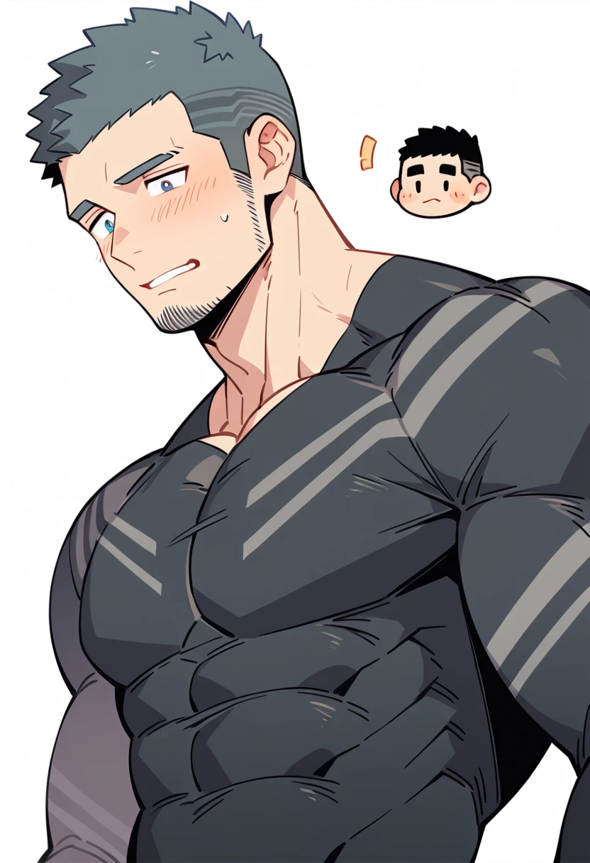 anime characters:Gyee Priapus, Muscle Sports Student, Buzz Cut, Manliness, male focus, Compression bodysuit, Yellow and black striped high collar long sleeve tight T-shirt, Very tight, Regular symmetrical pattern, full and perky chest muscles, muscular male, muscular, only, Upper body, alone, Red short hair, Thick eyebrows, stubble, Brown-red pupils, White background, simple background, amazing quality, best aesthetics, Ridiculous, crew cut, parted lips, flustered, endured face, shy, blush, negative space, best quality