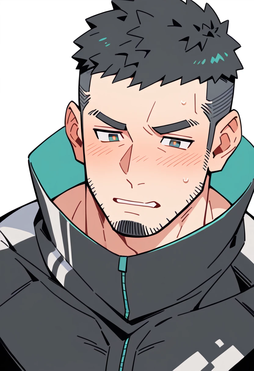 anime characters:Gyee Priapus, Muscle Sports Student, Buzz Cut, Manliness, male focus, Compression bodysuit, Yellow and black striped high collar long sleeve tight T-shirt, Very tight, Regular symmetrical pattern, full and perky chest muscles, muscular male, muscular, only, Upper body, alone, Red short hair, Thick eyebrows, stubble, Brown-red pupils, White background, simple background, amazing quality, best aesthetics, Ridiculous, crew cut, parted lips, flustered, endured face, shy, blush, negative space, best quality