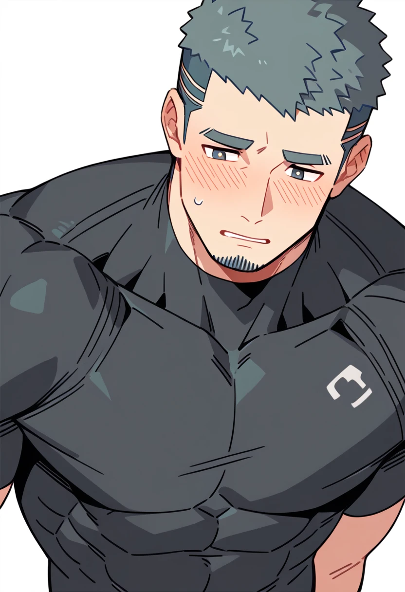 anime characters：Gyee Priapus, Muscle Sports Student, Buzz Cut, Manliness, male focus, Compression bodysuit, Yellow and black striped high collar long sleeve tight T-shirt, Very tight, Regular symmetrical pattern, full and perky chest muscles, muscular male, muscular, only, Upper body, alone, Red short hair, Thick eyebrows, stubble, Brown-red pupils, White background, simple background, amazing quality, best aesthetics, Ridiculous, crew cut, parted lips, flustered, endured face, shy, blush, negative space, best quality