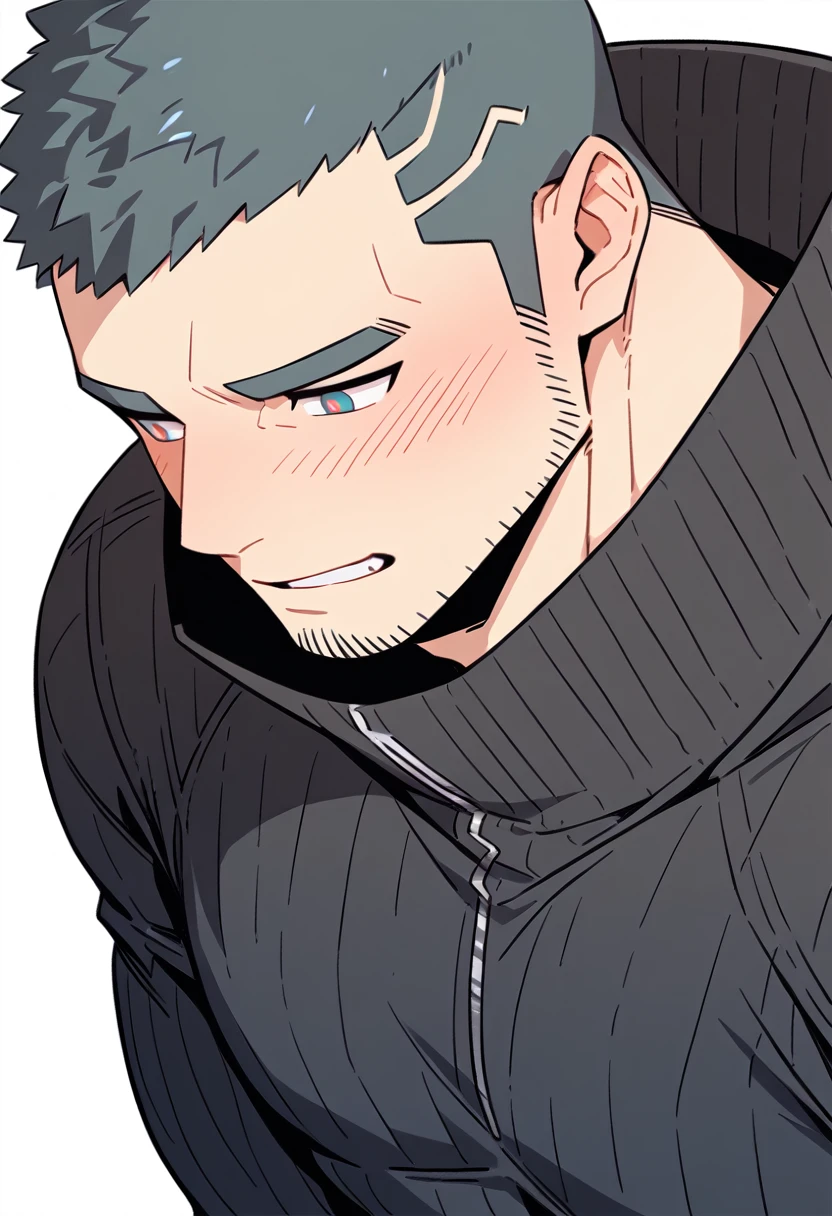anime characters:Gyee Priapus, Muscle Sports Student, Buzz Cut, Manliness, male focus, Compression bodysuit, Yellow and black striped high collar long sleeve tight T-shirt, Very tight, Regular symmetrical pattern, full and perky chest muscles, muscular male, muscular, only, Upper body, alone, Red short hair, Thick eyebrows, stubble, Brown-red pupils, White background, simple background, amazing quality, best aesthetics, Ridiculous, crew cut, parted lips, flustered, endured face, shy, blush, negative space, best quality