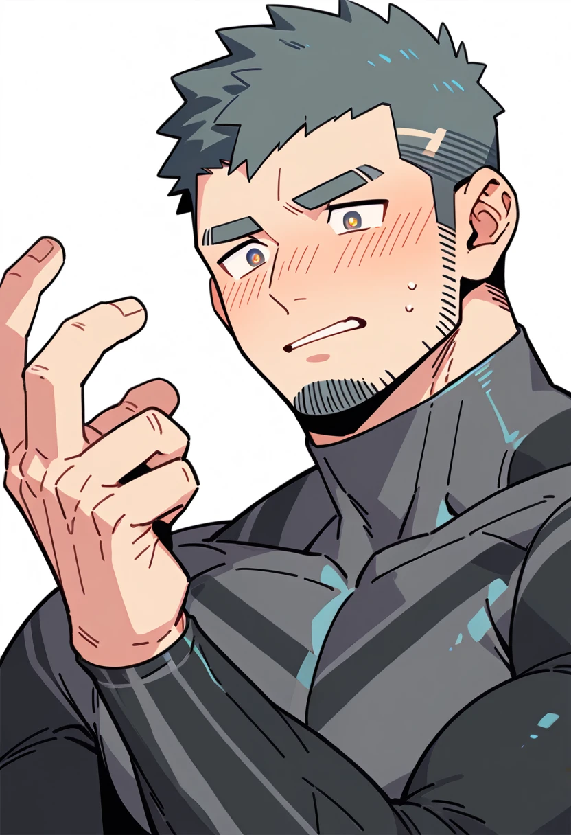 anime characters:Gyee Priapus, Muscle Sports Student, Buzz Cut, Manliness, male focus, Compression bodysuit, Yellow and black striped high collar long sleeve tight T-shirt, Very tight, Regular symmetrical pattern, full and perky chest muscles, muscular male, muscular, only, Upper body, alone, Red short hair, Thick eyebrows, stubble, Brown-red pupils, White background, simple background, amazing quality, best aesthetics, Ridiculous, crew cut, parted lips, flustered, endured face, shy, blush, negative space, best quality