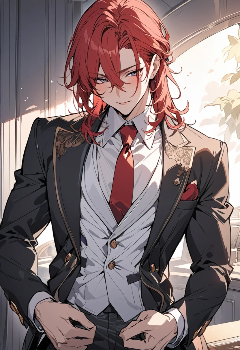 Line art, masterpiece, Highest quality, Super Detail、suit,male,Red Hair,From the waist up