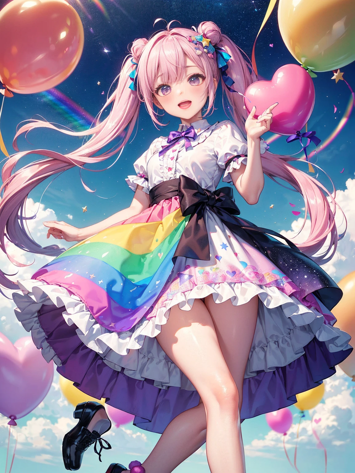 (whole body, legs and shoes visible: 1.2)) Expressive eyes, One girl, Pale skin, Long Hair, Windblown Hair, ((absurdly Long Hair)), Long Side Lock, Princess bangs, Hair bangs, Hair Bun, ((Very long twin tails)), Rainbow Hair, Light pink hair, blush, full face blush, big sparkling Pastel Purple eyes, (Gradient Eye), Laughing with your mouth open, cute pose, ((Holding a balloon : 1.3)) ((cute and pastel fashion)) ((🦄🎠🎈🎉 theme : 1.4)) A loose pastel dress, ((Dreamy multi-colored open dress)), (Floating ribbon), Lavender Frill, Pink frills, (Light blue lace), Removable short sleeves, Fluffy skirt, ((Rainbow and star printed skirt : 1.3)), Lolita Skirt, Purple ribbon, ((pom pom ribbon hair ornament : 1.4)), Multiple Bows, Striped lace stockings, (heart型のレッグガーター), cute (Pastel Purple) shoes ((Ultra-detailed clothing and fashion)) I&#39;m watching you, Vintage Girl, blush, (Beautiful attention to detail), (Highly detailed CG Unity 8k wallpaper) (Best Shadow), ((Very delicate and beautiful)), (Detailed light), ((Depth of written boundary)) Big Head, Big, bright eyes, Moe, Splash Art, Cinema Lighting, Front view, volumetric lighting maximalist photo illustration k resolution high resolution intricate detailed complex key visuals precise linear ((Dreamy pastel sky background, Surrounded by sunset clouds, shooting star, Castle above the clouds)) ((Ultra-detailed landscapes, Foggy clouds, Hung by balloons, heart : 1.3))