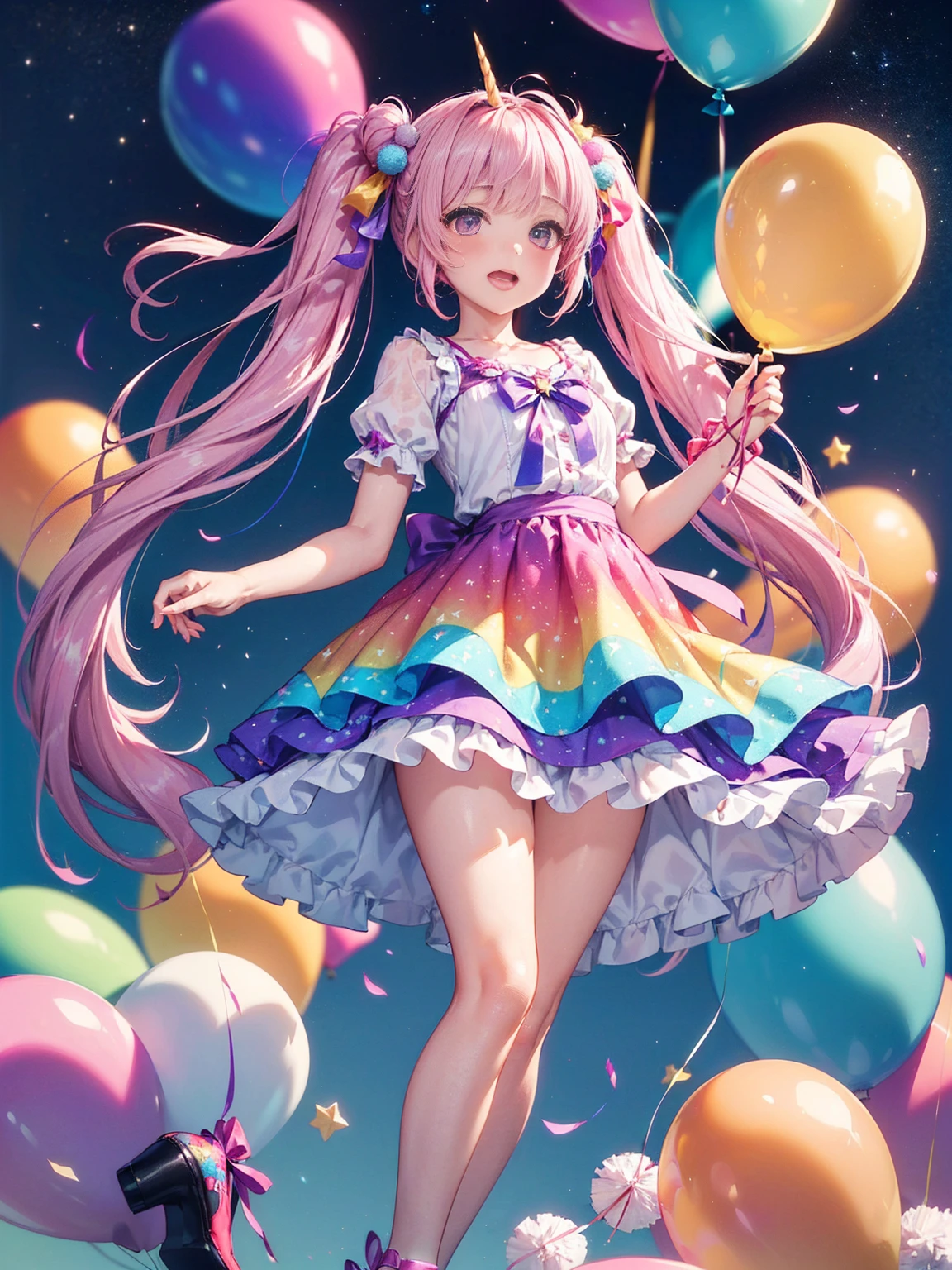 (whole body, legs and shoes visible: 1.2)) Expressive eyes, One girl, Pale skin, Long Hair, Windblown Hair, ((absurdly Long Hair)), Long Side Lock, Princess bangs, Hair bangs, Hair Bun, ((Very long twin tails)), Rainbow Hair, Light pink hair, blush, full face blush, big sparkling Pastel Purple eyes, (Gradient Eye), Laughing with your mouth open, cute pose, ((Holding a balloon : 1.3)) ((cute and pastel fashion)) ((🦄🎠🎈🎉 theme : 1.4)) A loose pastel dress, ((Dreamy multi-colored open dress)), (Floating ribbon), Lavender Frill, Pink frills, (Light blue lace), Removable short sleeves, Fluffy skirt, ((Rainbow and star printed skirt : 1.3)), Lolita Skirt, Purple ribbon, ((pom pom ribbon hair ornament : 1.4)), Multiple Bows, Striped lace stockings, (heart型のレッグガーター), cute (Pastel Purple) shoes ((Ultra-detailed clothing and fashion)) I&#39;m watching you, Vintage Girl, blush, (Beautiful attention to detail), (Highly detailed CG Unity 8k wallpaper) (Best Shadow), ((Very delicate and beautiful)), (Detailed light), ((Depth of written boundary)) Big Head, Big, bright eyes, Moe, Splash Art, Cinema Lighting, Front view, volumetric lighting maximalist photo illustration k resolution high resolution intricate detailed complex key visuals precise linear ((Dreamy pastel sky background, Surrounded by sunset clouds, shooting star, Castle above the clouds)) ((Ultra-detailed landscapes, Foggy clouds, Hung by balloons, heart : 1.3))