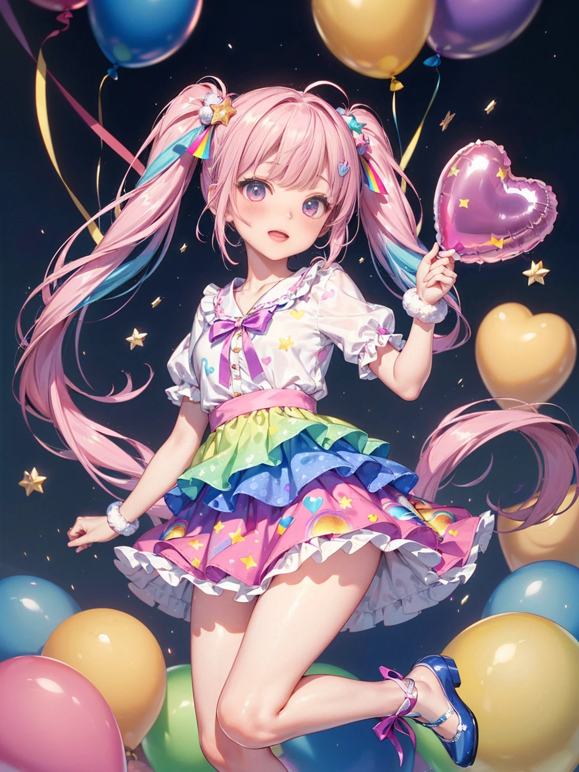 (whole body, legs and shoes visible: 1.2)) Expressive eyes, One girl, Pale skin, Long Hair, Windblown Hair, ((absurdly Long Hair)), Long Side Lock, Princess bangs, Hair bangs, Hair Bun, ((Very long twin tails)), Rainbow Hair, Light pink hair, blush, full face blush, big sparkling Pastel Purple eyes, (Gradient Eye), Laughing with your mouth open, cute pose, ((Holding a balloon : 1.3)) ((cute and pastel fashion)) ((🦄🎠🎈🎉 theme : 1.4)) A loose pastel dress, ((Dreamy multi-colored open dress)), (Floating ribbon), Lavender Frill, Pink frills, (Light blue lace), Removable short sleeves, Fluffy skirt, ((Rainbow and star printed skirt : 1.3)), Lolita Skirt, Purple ribbon, ((pom pom ribbon hair ornament : 1.4)), Multiple Bows, Striped lace stockings, (heart型のレッグガーター), cute (Pastel Purple) shoes ((Ultra-detailed clothing and fashion)) I&#39;m watching you, Vintage Girl, blush, (Beautiful attention to detail), (Highly detailed CG Unity 8k wallpaper) (Best Shadow), ((Very delicate and beautiful)), (Detailed light), ((Depth of written boundary)) Big Head, Big, bright eyes, Moe, Splash Art, Cinema Lighting, Front view, volumetric lighting maximalist photo illustration k resolution high resolution intricate detailed complex key visuals precise linear ((Dreamy pastel sky background, Surrounded by sunset clouds, shooting star, Castle above the clouds)) ((Ultra-detailed landscapes, Foggy clouds, Hung by balloons, heart : 1.3))