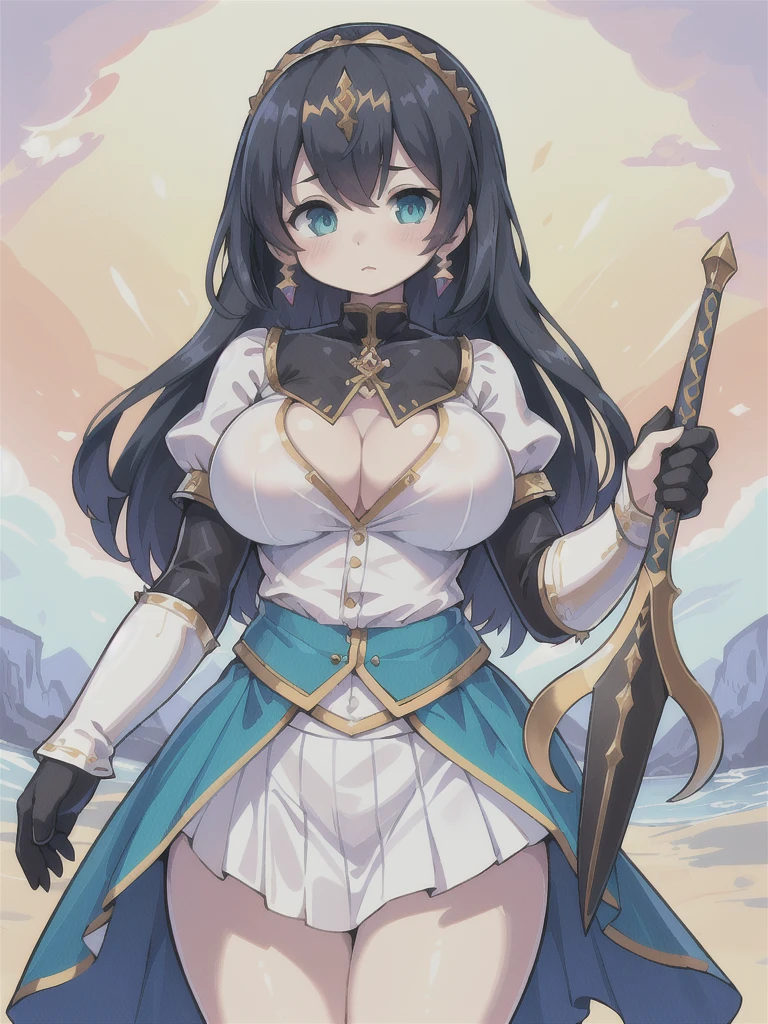 Highest quality, 8k, (One girl:1.3),(((Big Tits:1.1))), (Colorful illustrations:1.4), (masterpiece, Highest quality, Highest quality, Official Art), Very detailed, Most detailed, (Super detailed), ((Very delicate and beautiful)), ((Iron Breastplate Blouse Skirt)),  ((Swordsman)), ((Metal Gauntlets)), ((holding a two-handed sword))