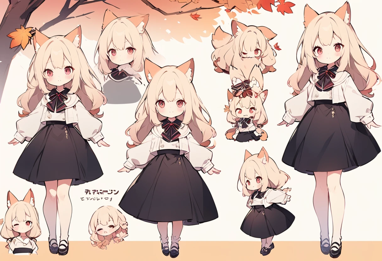 Anime, two heads, cute fox girl, autumn, multiple poses and expressions, different angles, character sheet, fashionable clothes, illustration, white background,