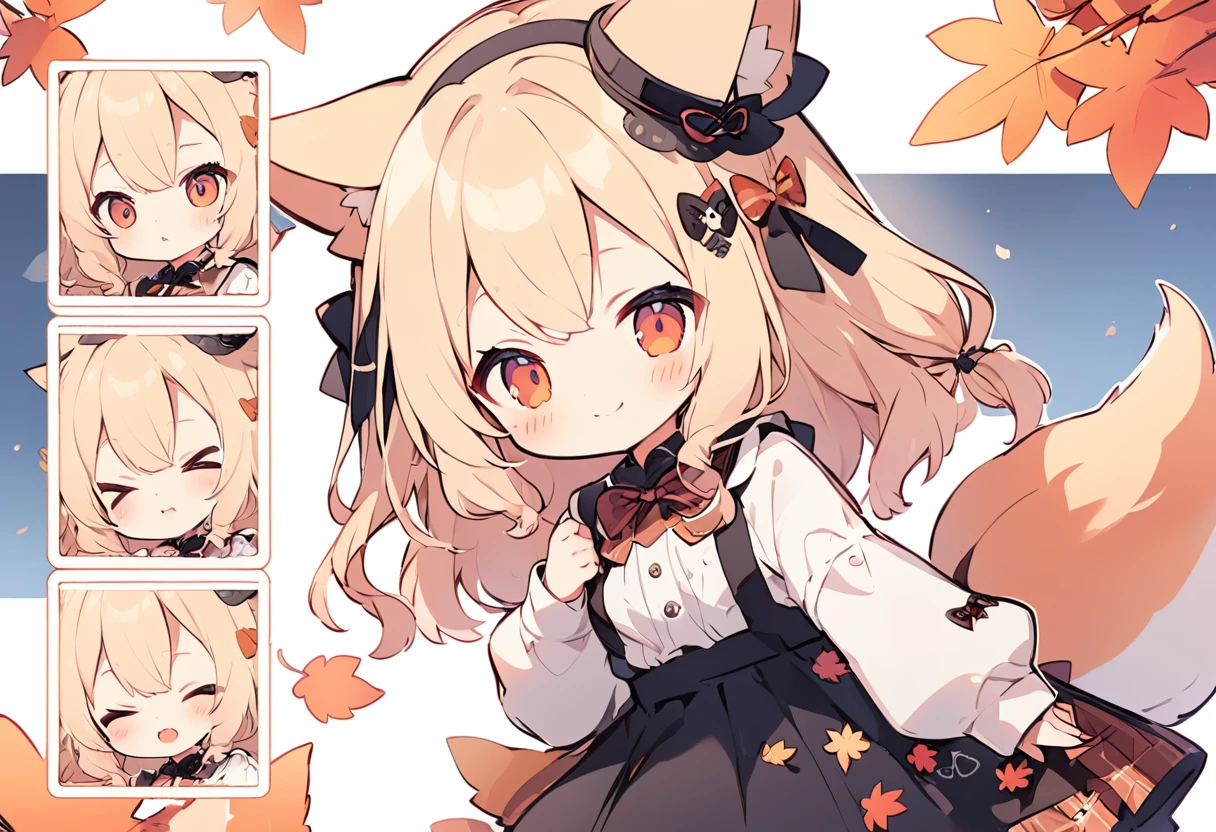 Anime, two heads, cute fox girl, autumn, multiple poses and expressions, different angles, character sheet, fashionable clothes, illustration, white background,