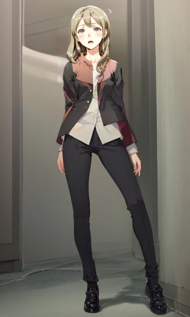 anime girl with long blonde hair and gray eyes in a black and brown suit, anime visual of a young woman, anime visual of a cute girl, long black pants, white shirt, black shoes, standing position, full body