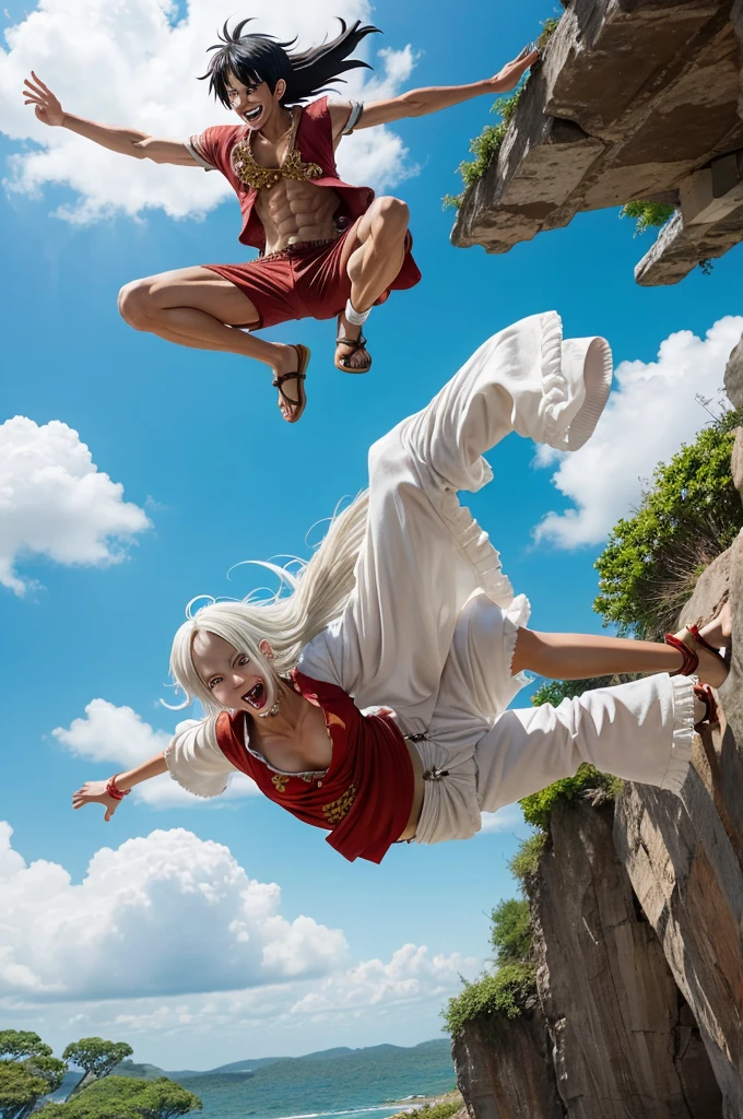 Create an image of Monkey D. Luffy from One Piece in his Gear 5 form, with wild, flowing white hair and a joyful expression. He should be wearing a white outfit with intricate patterns and be in a dynamic, carefree pose, as if leaping or falling through the air. The background should be black to highlight Luffy.