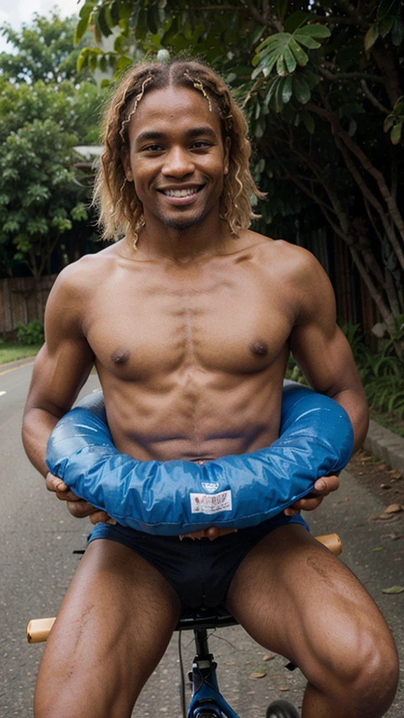 blond hair black papuan man, an inflated body, blue eyes, riding a bike, smile