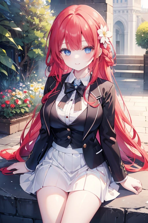 young girl, red hair, blue eyes,beautiful and detailed eyes, big breasts, long hair,european braid hairstyles, happy smile, black shirt,white blazer, black mini skirt, (flower garden)