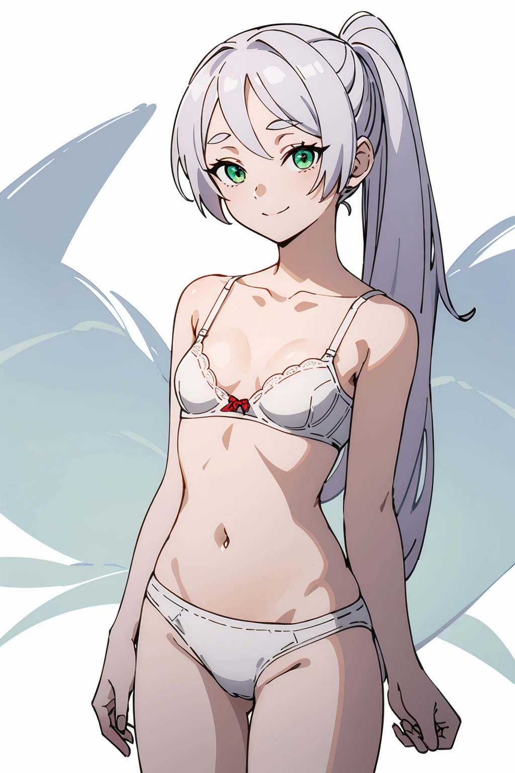 (Highest quality, masterpiece),sexy,  erotic, One girl, 18-year-old, Contempt, pride, Silver Hair, 2 ponytails, ((White bra)), White panties, (((Small breasts))), White Background, ((Cowboy Shot)), ((A proud smile)), View your viewers, (Green Eyes)