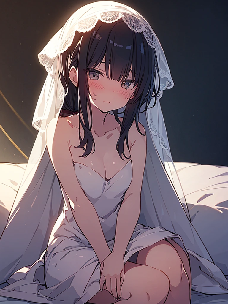 NSFW:1.9. Lewd Anime drawings with vivid colors Nude:1.9. Missionary Sex:1.9 Lying Down:1.9. Open legs and put penis into pussy:1.9 tall women:1.9 Veil, All lace, White wedding dress, Mini skirt, Big breasts, Sweat, Naked:1.9. Blushing cheeks: Daytime:1.3 On the bed, white sheets, short black hair, ponytail:1.9 Straight hair Hair tie Sweep bangs to the side:1.9. Slanted eyes, brown eyes, tall, strong-willed, beautiful