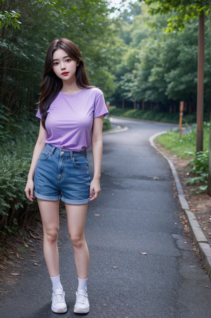 A very cute girl, solo, young, wearing purple tshirt and short pants, big breasts, white and smooth skin, standing, long hairs, red lip, at forest realistic face, full body, blue shoes