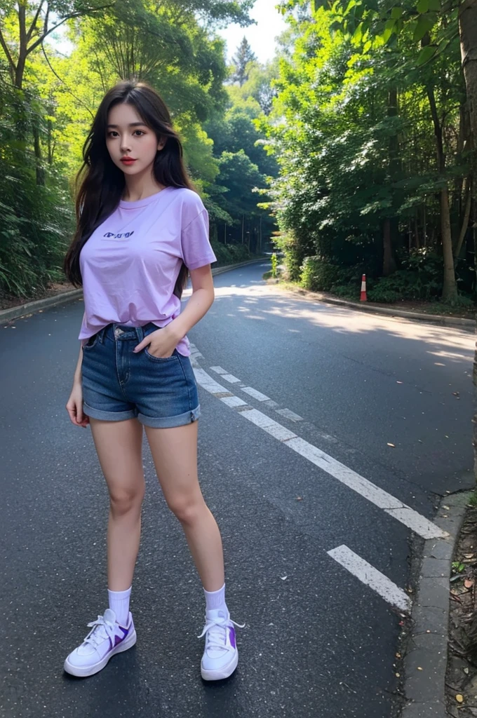 A very cute girl, solo, young, wearing purple tshirt and short pants, big breasts, white and smooth skin, standing, long hairs, red lip, at forest realistic face, full body, blue shoes