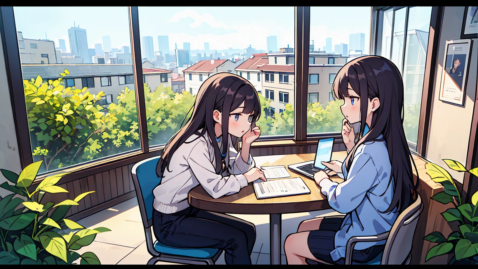 (masterpiece, best quality),Two women with different faces and hairstyles, different hair colors, different faces, long hair, letterboxed, perfection of fashion,chapped lips, casual attire, whole body, from the side,Rooftop terrace with a view of the flower garden outside the glass window, study at the table, My eyes are focused on the notes,laptop, together, stylish outfit,