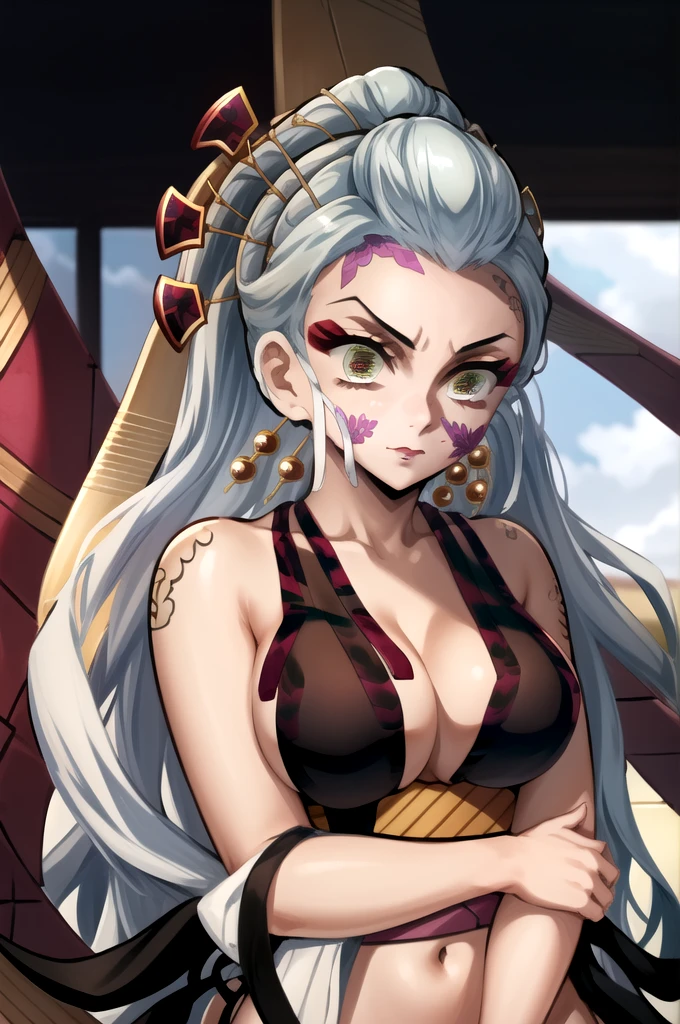 (masterpiece, Highest quality),  Intricate details,
One girl,    Daki - Demon Slayer, Dakidef, Daki Black,, Cuddling indoors, Japanese-style room,  IncrsSlitPupil, elongated pupils,((Micro Bikini)),食い込むMicro Bikini
,Bust Focus,Upper Body
