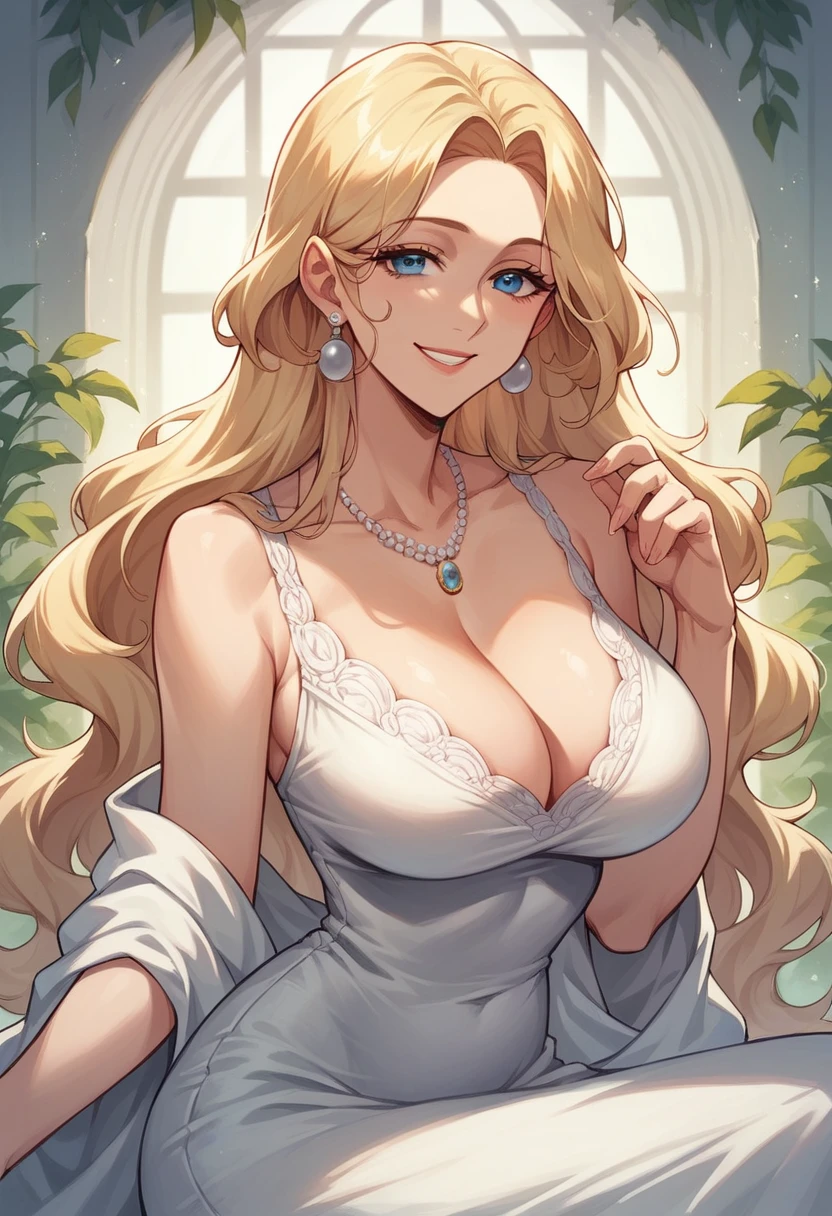 large, heavenly beautiful mom with long blonde hair, blue eyes, long white dress, nice smile