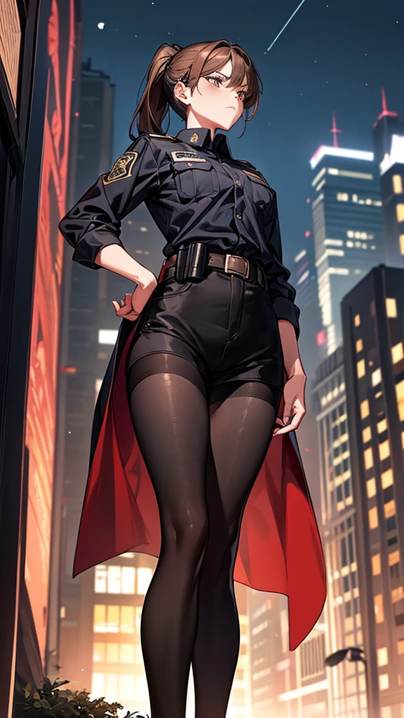 {{masterpiece}}, {{{best quality}}},{{ultra-detailed}}, {{illustration}},{{tall stature}},{{adult women}},((Black tights and shorts)),Small breasts,Slender,{{Hands on hips}},((Leggings with integrated shorts)), Female police officer Cowboy Shot Look Up A strong expression Brown hair ponytail Place your hands on your knees 1 female,alone, Downtown at night long sleeve police uniform Black pantyhose View from below Black Belt