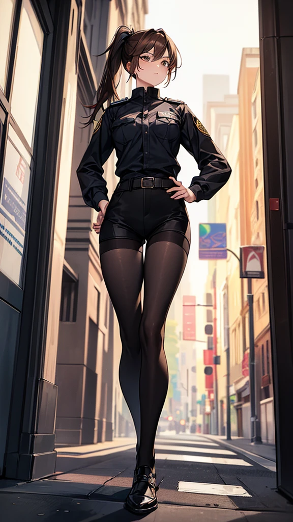 {{masterpiece}}, {{{best quality}}},{{ultra-detailed}}, {{illustration}},{{tall stature}},{{adult women}},((Black tights and shorts)),Small breasts,Slender,{{Hands on hips}},((Leggings with integrated shorts)), Female police officer Cowboy Shot Look Up A strong expression Brown hair ponytail Place your hands on your knees 1 female,alone, Downtown at night long sleeve police uniform Black pantyhose View from below Black Belt