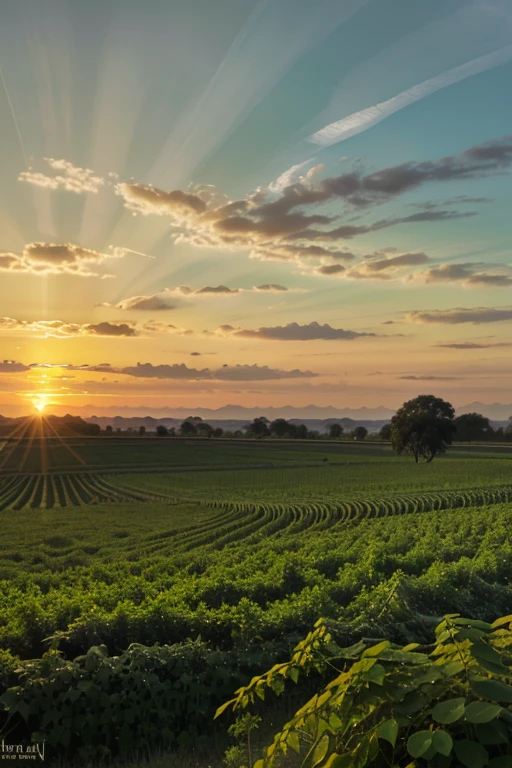 Scene 1: Moringa field
[image]:A vibrant green field of moringa plants at sunrise.

