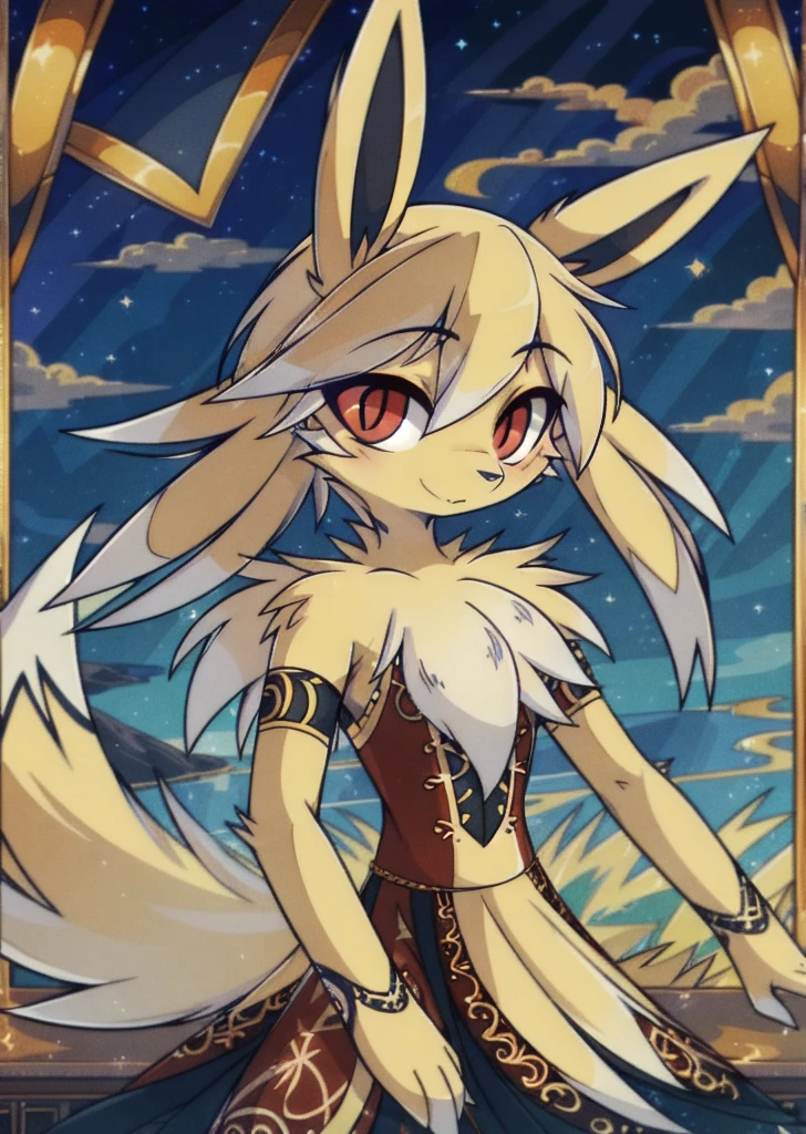 (Masterpiece, Best Quality, Highres:1.4), (anthro) Detailed, Intricate Details, 4K, (Pokémon), (jolteon), (furry) extremely detailed fur, red eyes, best quality, hair. style hair, tail, (2 ears), good anatomy, looking at the viewer