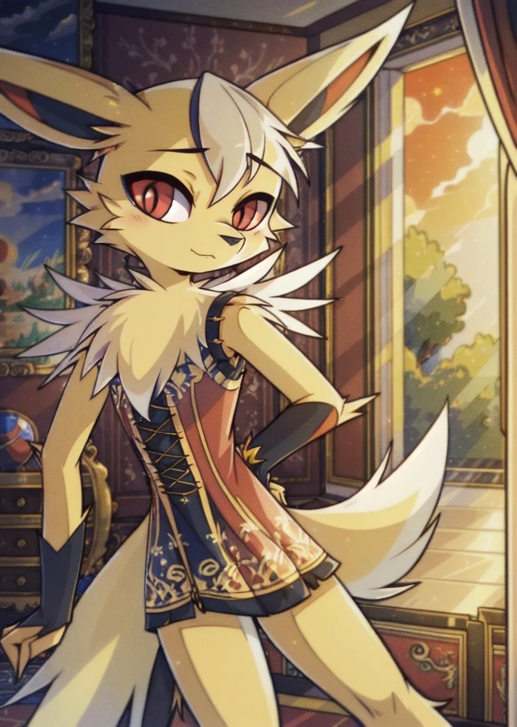 (Masterpiece, Best Quality, Highres:1.4), (anthro) Detailed, Intricate Details, 4K, (Pokémon), (jolteon), (furry) extremely detailed fur, red eyes, best quality, hair. style hair, tail, (2 ears), good anatomy, looking at the viewer