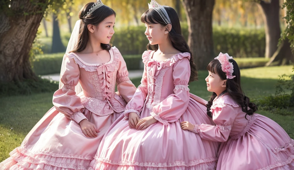 highest quality, masterpiece, highest resolution, artwork, super be familiar with, many detailed, detailed, be familiar with, woman, ,two girls are princesses,pink victorian dress,long sleeve,long dress,Dress with lots of frills and ribbons,luxury