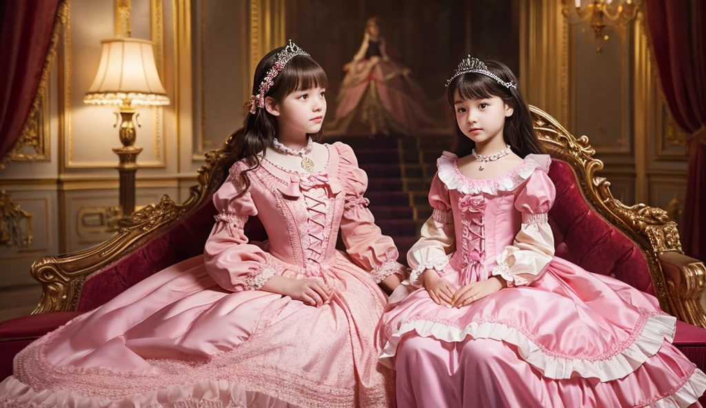 highest quality, masterpiece, highest resolution, artwork, super be familiar with, many detailed, detailed, be familiar with, woman, ,two girls are princesses,pink victorian dress,long sleeve,long dress,Dress with lots of frills and ribbons,luxury