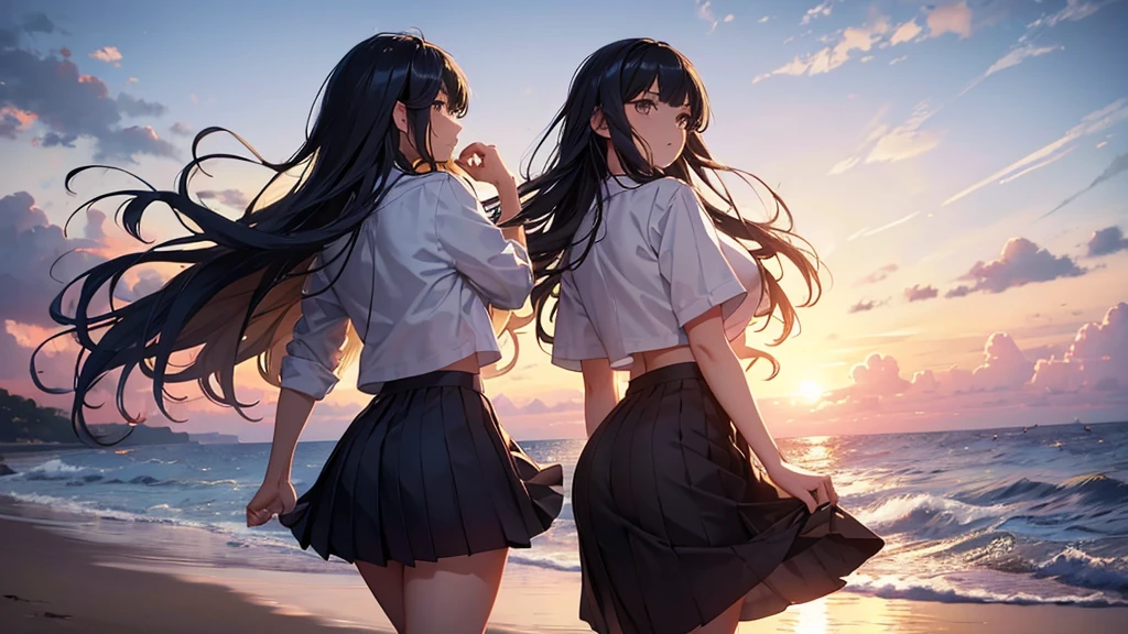 a girl in a navy sailor uniform skirt blowing in the wind, beach, summer sky, daytime, lower body shot:1.4, back view:1.6, intricate details, beautiful detailed eyes, beautiful detailed lips, extremely detailed face and hair, longeyelashes, detailed clothing folds and textures, sun rays, warm lighting, vibrant colors, golden hour, photorealistic, 8k, hyperdetailed, masterpiece, cinematic