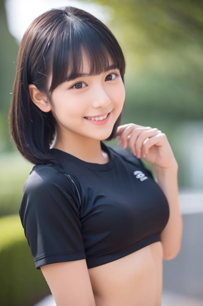 8K、High definition、Ultra Detail、Photorealistic、Realisticで正確な描写、Realisticで正確な人体構造、High resolution、Highest quality、Japanese beautiful girl、masterpiece,Highest quality,taller than, Raw photo , One girl, shirt, alone, Gym suit, Realistic, white shirt, Bloomers,Beautiful Face,Face Focus、((A very cute face, just like a popular Japanese idol, Very beautiful big black round eyes, Very beautiful short black hair)), Very beautiful slim body、 An innocent smile