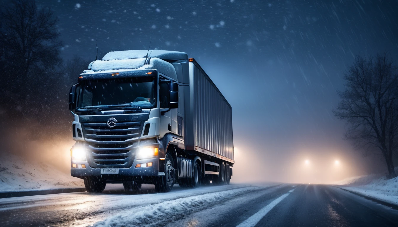 Scary horror image of a truck driver traveling in a truck on the road at night ,in a snowstorm , PICTURE REALISTIC, high resolution, 8k