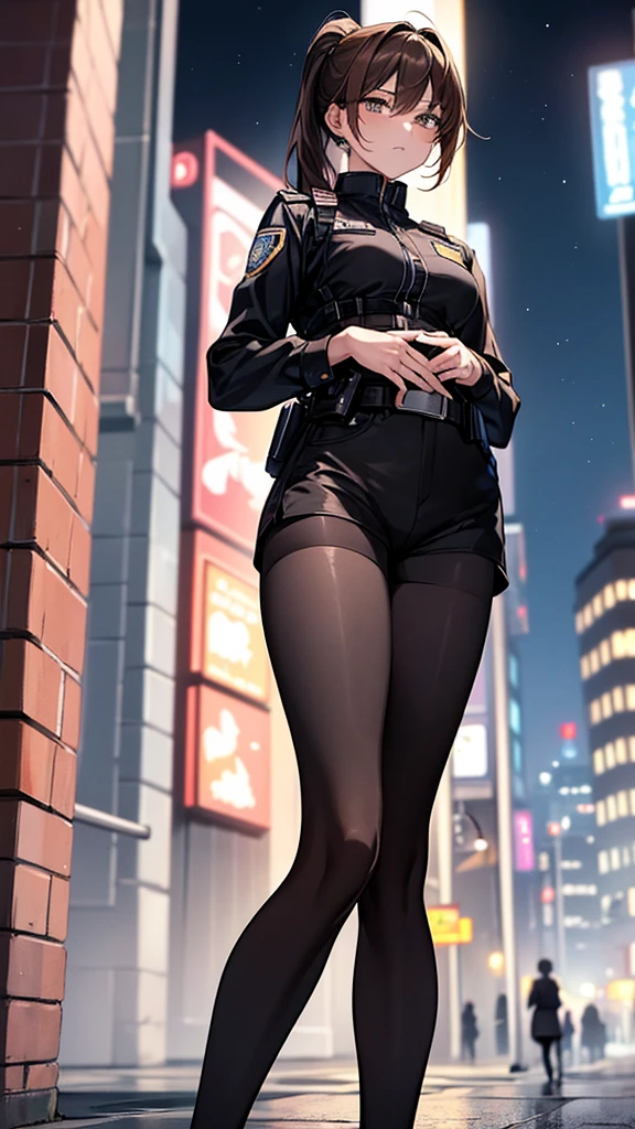 {{masterpiece}}, {{{best quality}}},{{ultra-detailed}}, {{illustration}},{{tall stature}},{{adult women}},((Black tights and shorts)),Small breasts,Slender,{{Hands on hips}},((Leggings with integrated shorts)), Female police officer on guard Cowboy Shot Look Up A strong expression Brown hair ponytail Place your hands on your knees 1 female,alone, Downtown at night long sleeve police uniform Black pantyhose View from below Black Belt