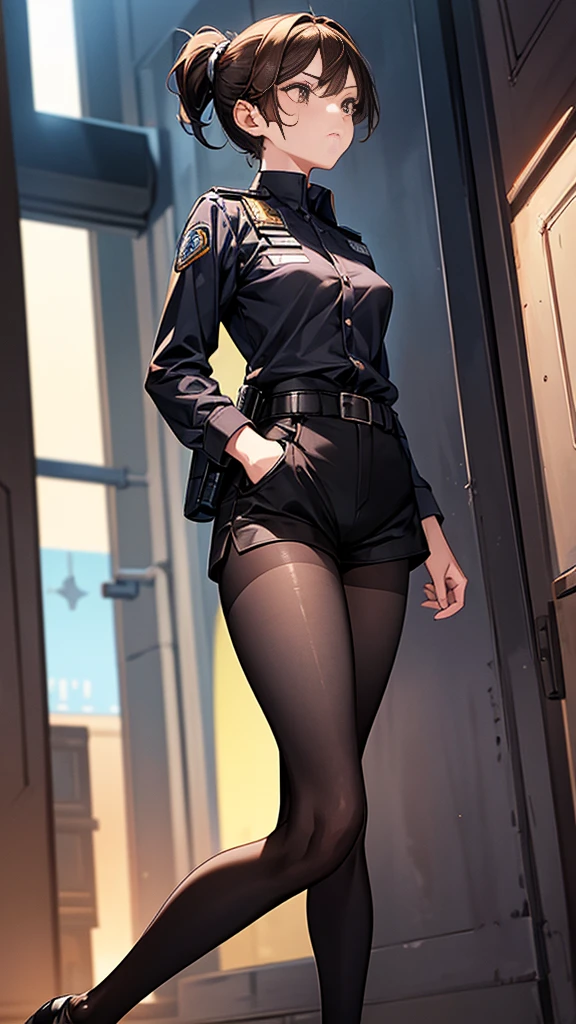 {{masterpiece}}, {{{best quality}}},{{ultra-detailed}}, {{illustration}},{{tall stature}},{{adult women}},((Black tights and shorts)),Small breasts,Slender,{{Hands on hips}},((Leggings with integrated shorts)), Female police officer on guard　Cowboy Shot　　　Look Up　A strong expression　Brown hair ponytail　Place your hands on your knees　1 female,alone,　Downtown at night　long sleeve police uniform　Black pantyhose　View from below　Black Belt