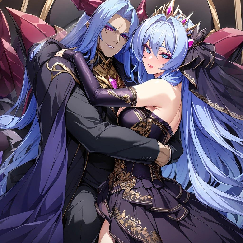 ((Highest quality)), ((masterpiece)), (detailed), (Perfect Face)、The woman is hugging and kissing the great evil demon king man、The woman is the evil queen, Extia, with medium-long blue hair, a gorgeous black wedding dress with gold embroidery and trim, a black wedding veil, an engagement ring, gorgeous accessories, lipstick and makeup, and a dignified, beautiful evil queen.、The woman looks happy、The man is naked, a great and powerful demon king, a majestic great demon