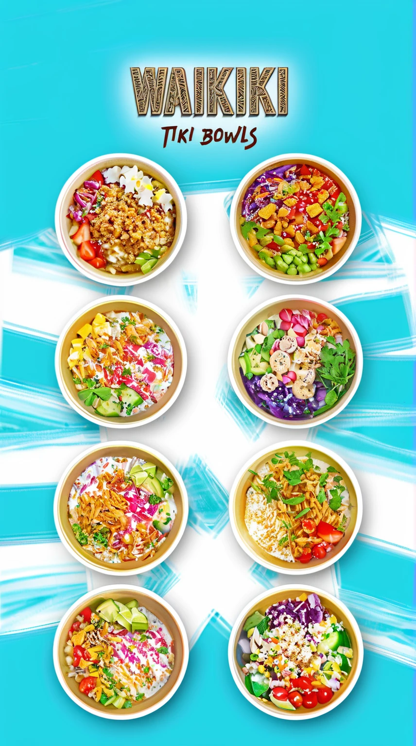 a close up of a poster with a variety of bowls of food, yummy, healthy, halo halo halo halo 8k, bowl filled with food, 6 pack, vibrant and dynamic, ❤🔥🍄🌪, 6 colors, bowl, competition winning, toned, vibrant and powerful, eats bambus, by Joe Bowler, white bg, by Dan Content, tasty