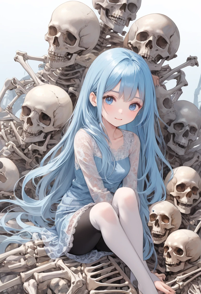 masterpiece, best quality, extremely detailed, (illustration, official art:1.1), 1 girl ,(((( light blue long hair)))), ,(((( light blue long hair)))),light blue hair, , long hair ((blush)) , cute face, big eyes, masterpiece, best quality,(((((a very delicate and beautiful girl))))),Amazing,beautiful detailed eyes,blunt bangs((((little delicate girl)))),tareme(true beautiful:1.2), sense of depth,dynamic angle,,,, affectionate smile, (true beautiful:1.2),,(tiny 1girl model:1.2),)(flat chest) ,The beautiful girl in lace top and leggings is sitting astride a pile of skeletons in the center of the picture. . There are multiple comic storyboards in the background，cbt,(masterpiece, best quality:1.2)，1 beautiful girl,sexy，comic storyboard:2, leggings, sit astride, axially symmetrical:2, ，sounding，cbt，hold，，colorful，trembling，juice，spray， Long hair,Lace top,torogao
