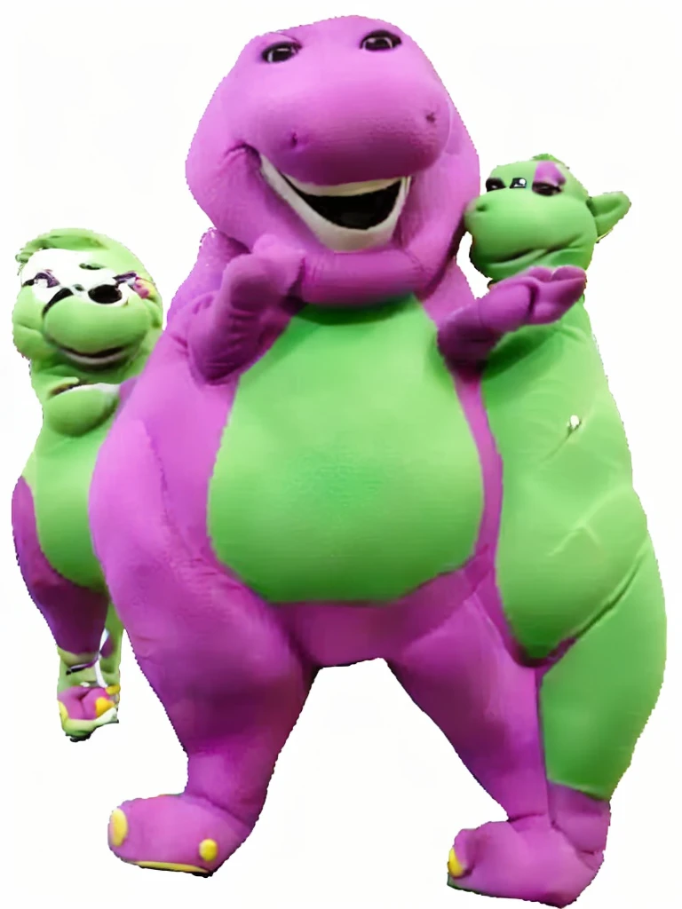 a close up of a purple dinosaur mascot with a green shirt, barney the dinosaur, barney the purple dinosaur, retired barney, full body mascot, barney and friends, plush mascot, claymation character, as a claymation character, pink iconic character, purple body, grimace, toonix character, full body with costume, lumpy skin, cereal mascot
