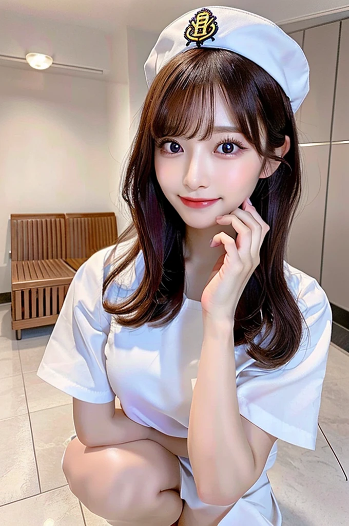 ((highest quality, 8K, masterpece :1.4)), highest real,Sharpness:1.3, Perfect Body Beauty:1.4,(pureerosface_v1:0.008), ((super real,best quality)),(soft lighting),super detailed face,top-quality,SUPER high resolution,Extraordinary beautiful girl,Detailed cute and beautiful face,facial hairs,Bangs that extend to the face,Bangs between the eyes,eye liner,Lush bust,fine eyes, double eyelid,((In-focus image,no blur)),,(((alone girl))),fine detail,highly detailed face and eyes, (cute face:1.6), my sister,18years old,(huge breasts:1.8,beautiful areola,small areola),(Clear colours,Vivid depiction),Photorealistic, 8k, RAW Photos, ----((NSFW:1.5))----------((make eye contact with the audience)),((Composition from the avobe:1.2)),-----(Inside the hospital, bright room, Marble floors, white concrete walls,large windows, sunlight shines in),(Beautiful BROWN hair:1.2, long Hair:1.2,CUTE HAIR STYLE),-----(SMILE FACE:1.4),((fullbody)),-(Squatting:1.4,arched back:1.3,place both hands on breasts:1.2)---Real short nurse uniform, white nurse uniform, white nurse cap