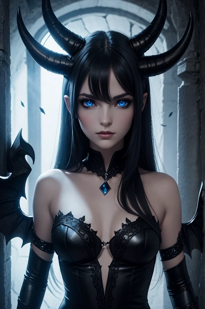 very pretty succubus, blue eyes, black horns, in stone chamber