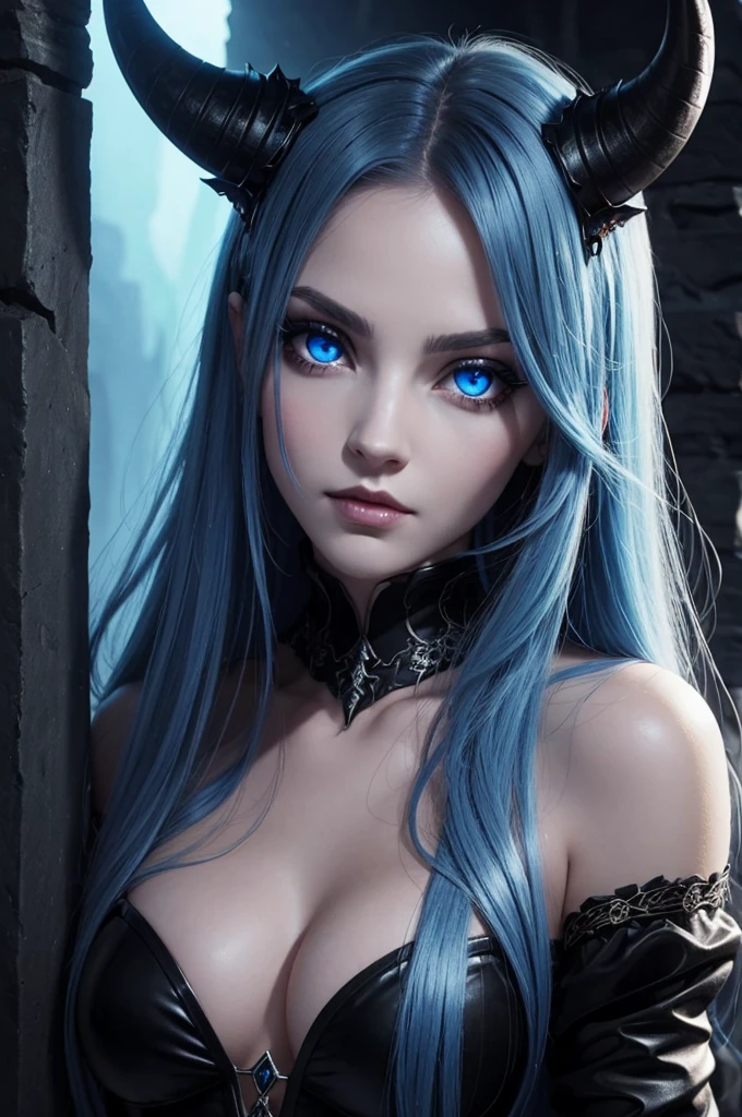 very pretty succubus, blue eyes, black horns, in stone chamber