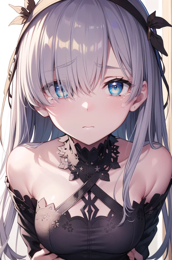 (((Are standing)))),((Tied up with rope)),((Lots of rope)),fgo anastasia,((Wrapped in countless ropes)), ((Both arms are tied behind their backs))blue eyes, Grey Hair, Hair between the eyes, (Hair on one eye:1.5), Long Hair, bangs,Exposed shoulders,Beautiful eyes like jewels,((((((Portrait of a single person)))))),((Are crying)),((Blushing)),
break , brown hair band, dress, , hair band,,, tachi-e,,
break (masterpiece:1.2), Highest quality, High resolution, unity 8k wallpaper, (figure:0.8), (Beautiful attention to detail:1.6), Highly detailed face, Perfect lighting, Highly detailed CG, (Perfect hands, Perfect Anatomy),