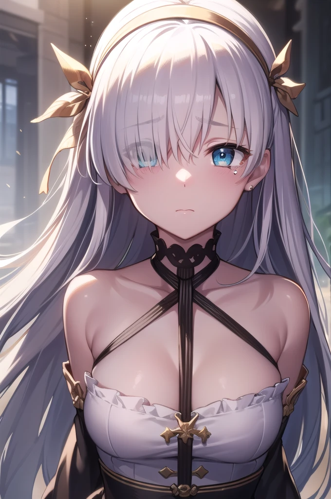 (((Are standing)))),((Tied up with rope)),((Lots of rope)),fgo anastasia,((Wrapped in countless ropes)), ((Both arms are tied behind their backs))blue eyes, Grey Hair, Hair between the eyes, (Hair on one eye:1.5), Long Hair, bangs,Exposed shoulders,Beautiful eyes like jewels,((((((Portrait of a single person)))))),((Are crying)),((Blushing)),
break , brown hair band, dress, , hair band,,, tachi-e,,
break (masterpiece:1.2), Highest quality, High resolution, unity 8k wallpaper, (figure:0.8), (Beautiful attention to detail:1.6), Highly detailed face, Perfect lighting, Highly detailed CG, (Perfect hands, Perfect Anatomy),